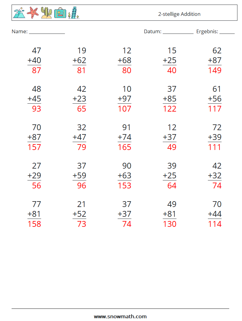 (25) 2-stellige Addition Mathe-Arbeitsblätter 14 Frage, Antwort