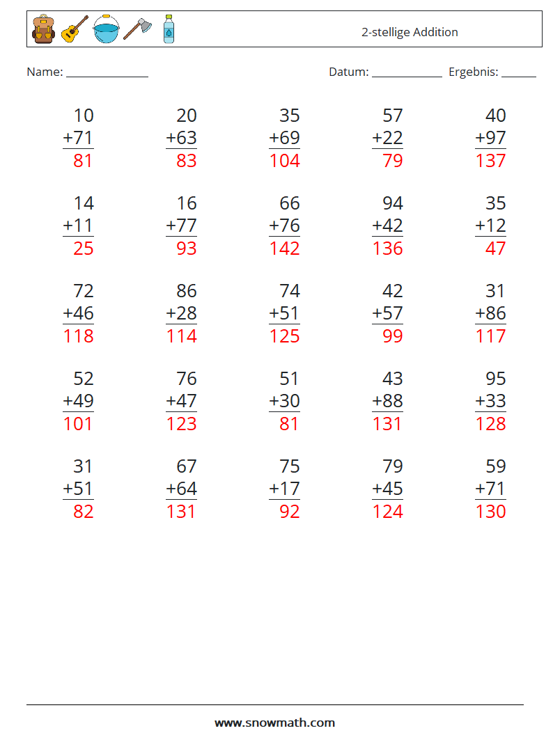(25) 2-stellige Addition Mathe-Arbeitsblätter 15 Frage, Antwort