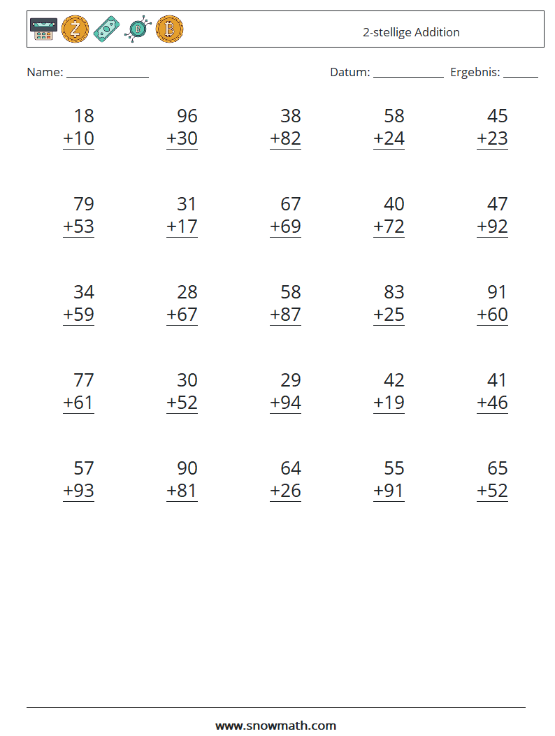 (25) 2-stellige Addition Mathe-Arbeitsblätter 16