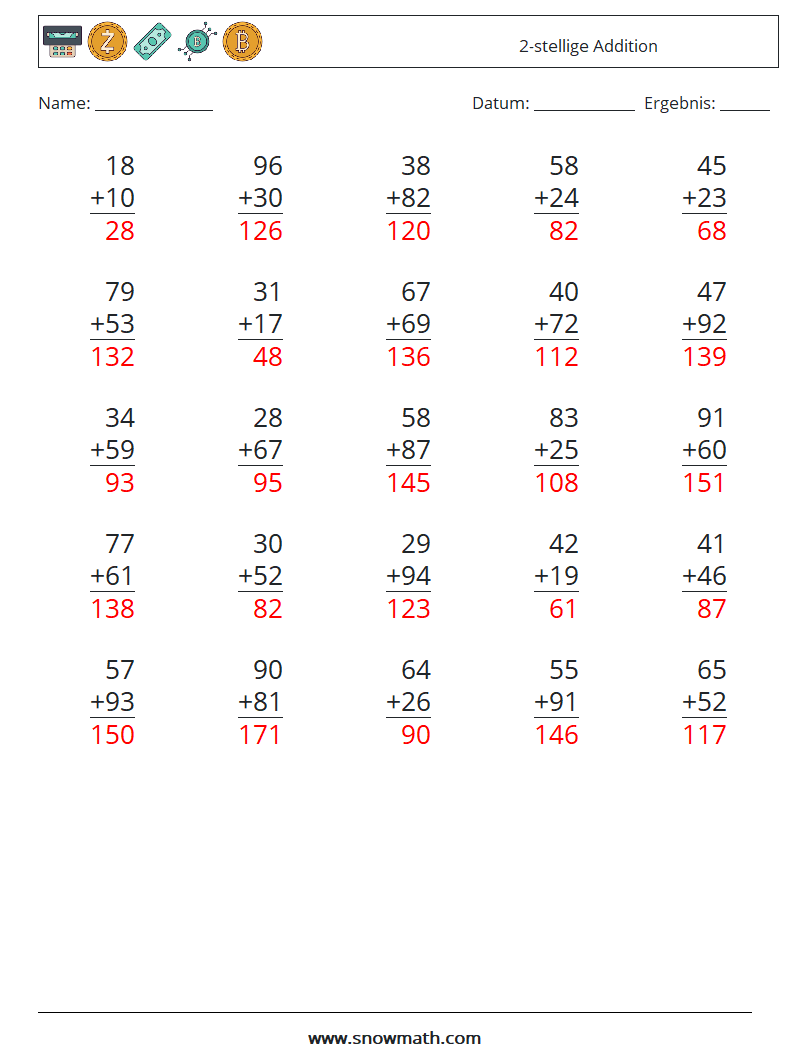 (25) 2-stellige Addition Mathe-Arbeitsblätter 16 Frage, Antwort