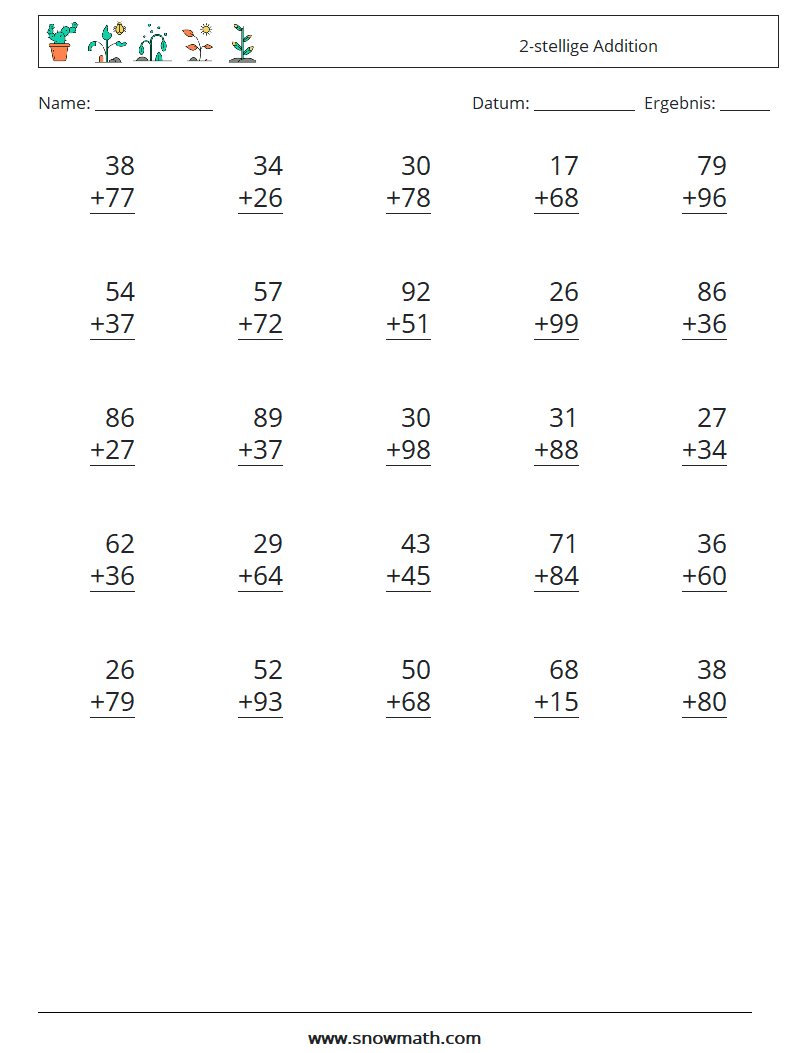(25) 2-stellige Addition Mathe-Arbeitsblätter 17
