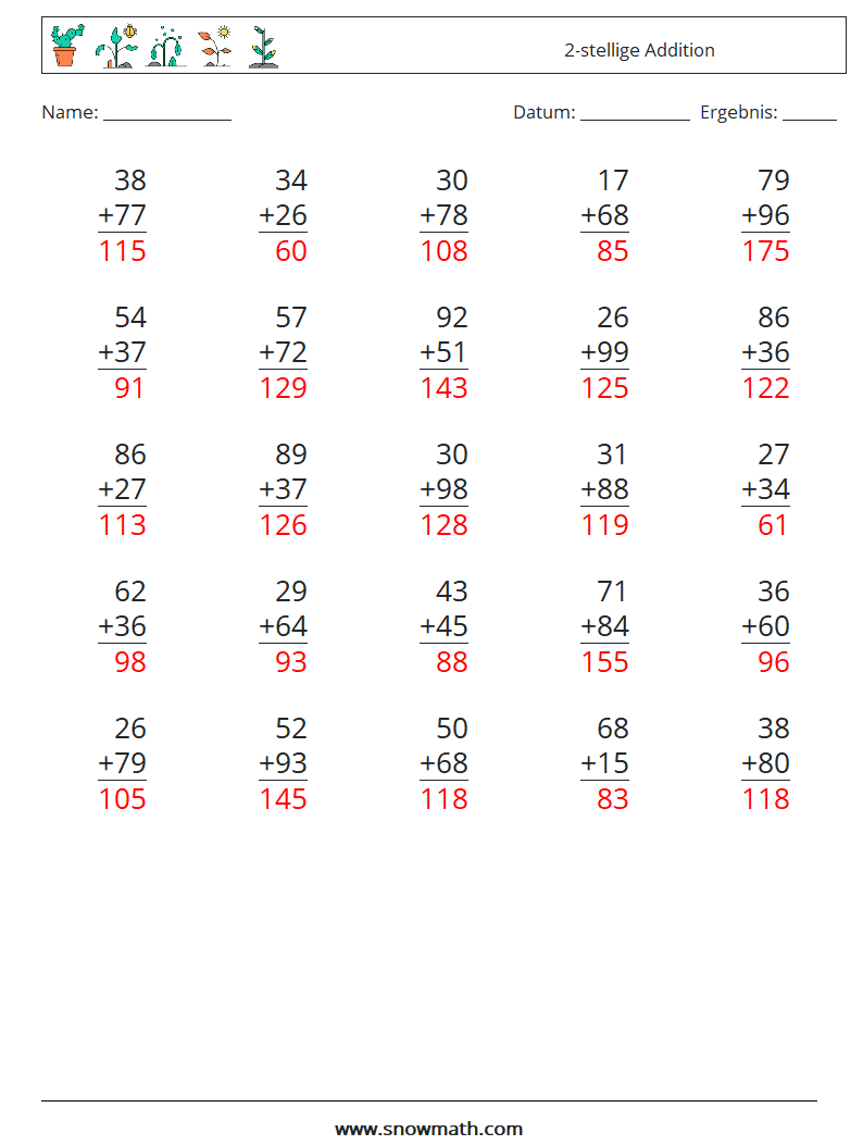 (25) 2-stellige Addition Mathe-Arbeitsblätter 17 Frage, Antwort