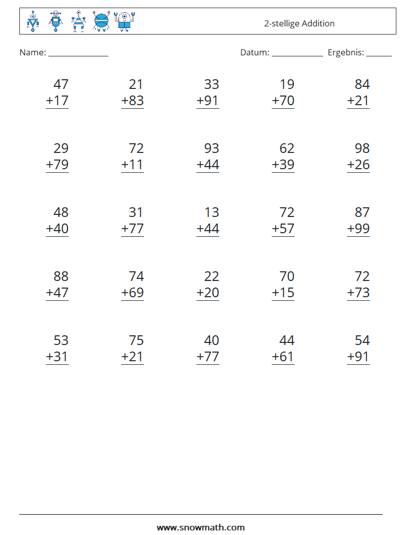 (25) 2-stellige Addition Mathe-Arbeitsblätter 18