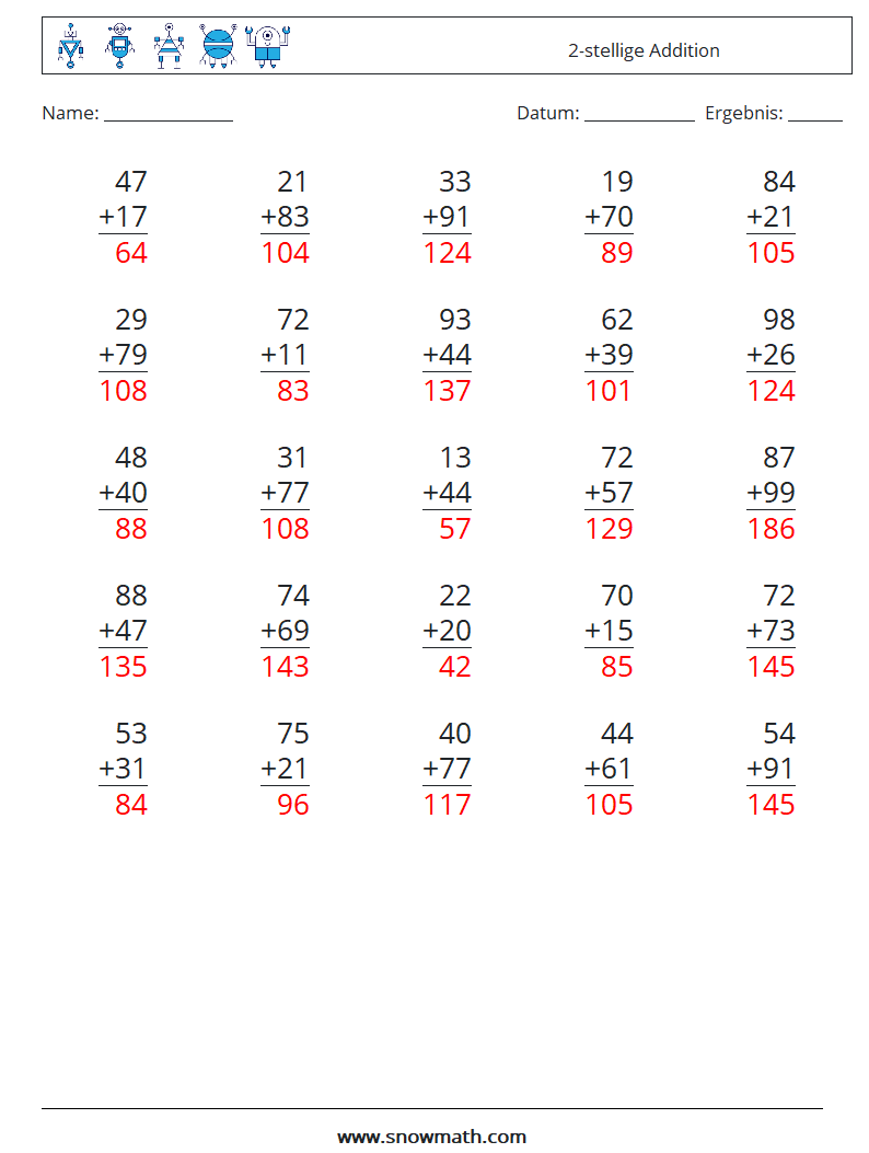 (25) 2-stellige Addition Mathe-Arbeitsblätter 18 Frage, Antwort