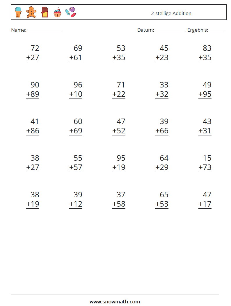 (25) 2-stellige Addition Mathe-Arbeitsblätter 2
