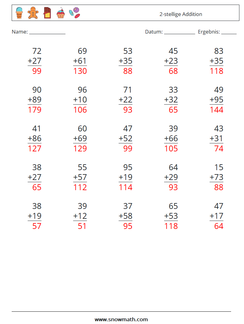 (25) 2-stellige Addition Mathe-Arbeitsblätter 2 Frage, Antwort