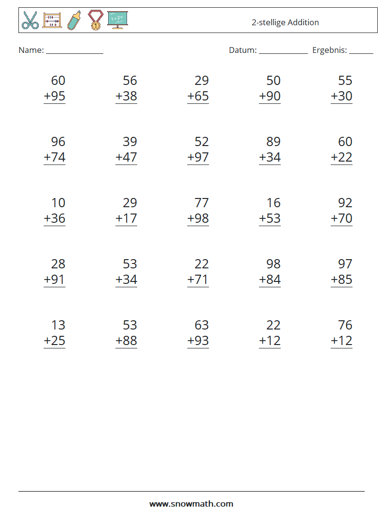 (25) 2-stellige Addition Mathe-Arbeitsblätter 3