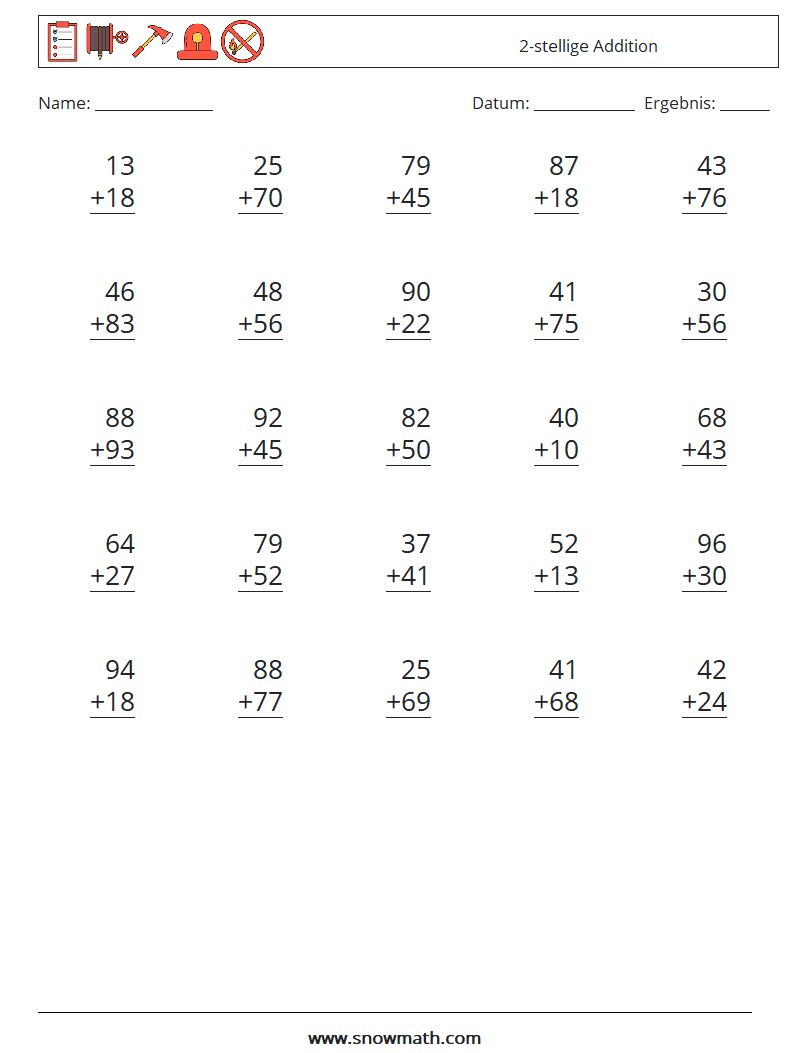 (25) 2-stellige Addition Mathe-Arbeitsblätter 4