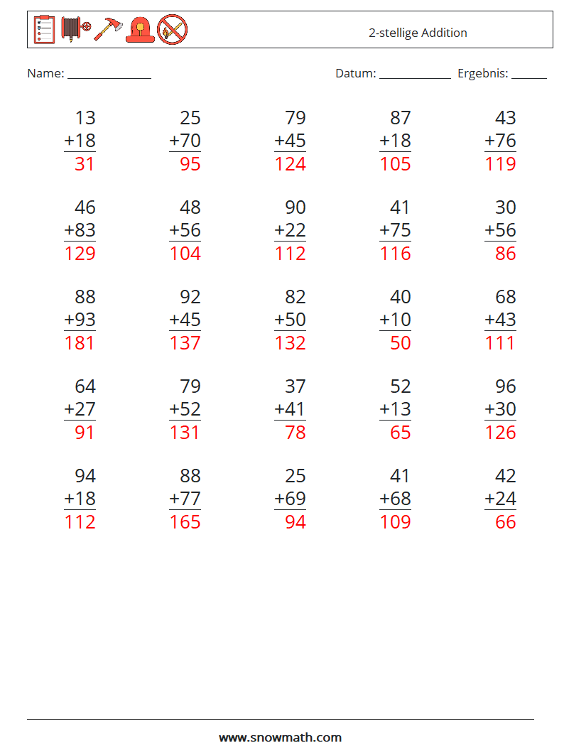 (25) 2-stellige Addition Mathe-Arbeitsblätter 4 Frage, Antwort