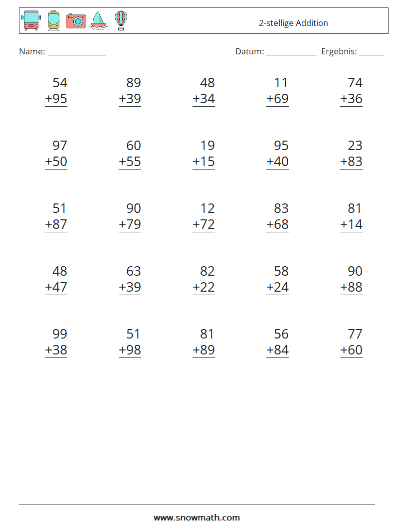 (25) 2-stellige Addition Mathe-Arbeitsblätter 5