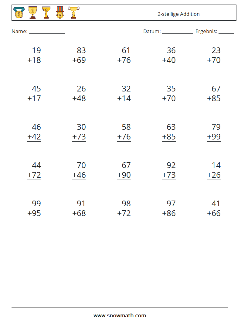 (25) 2-stellige Addition Mathe-Arbeitsblätter 6