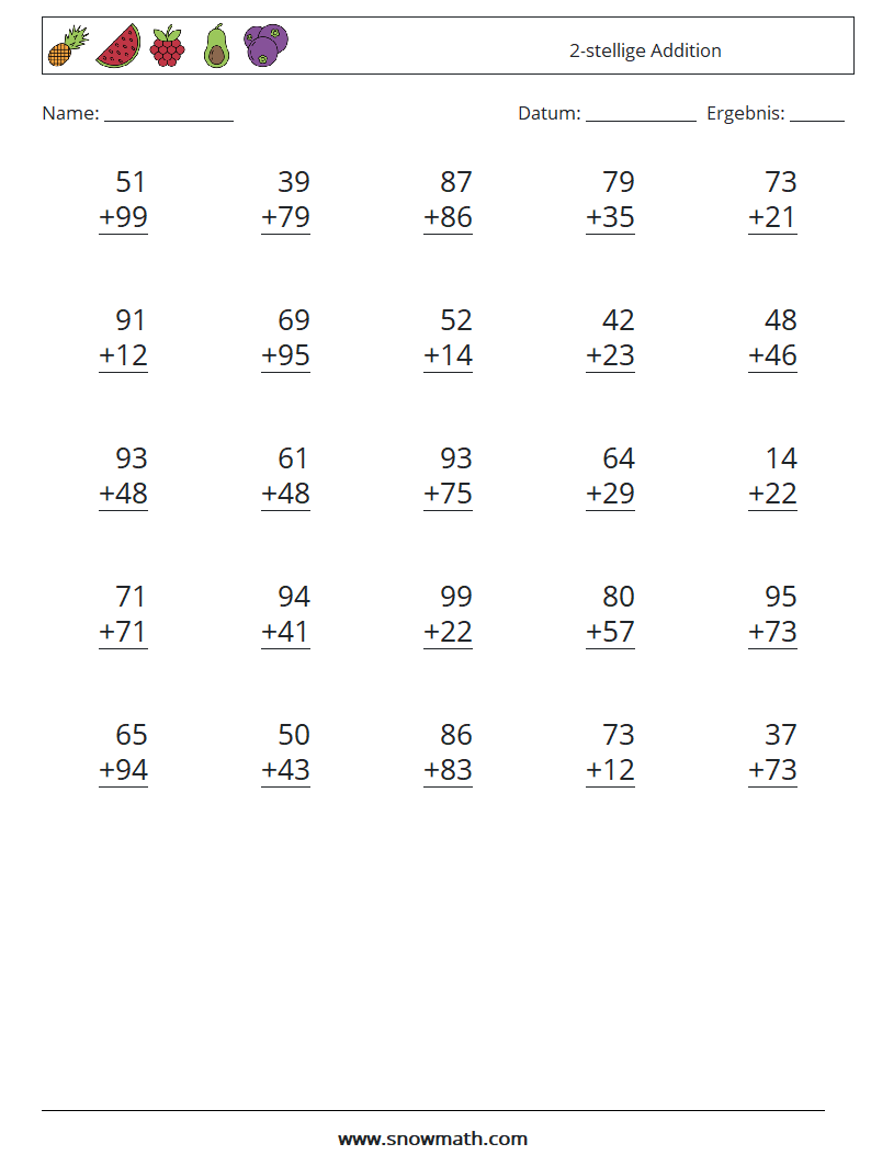 (25) 2-stellige Addition Mathe-Arbeitsblätter 8