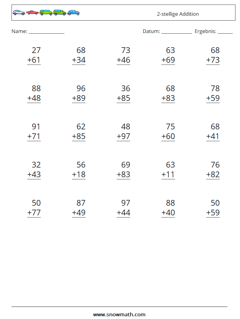 (25) 2-stellige Addition Mathe-Arbeitsblätter 9