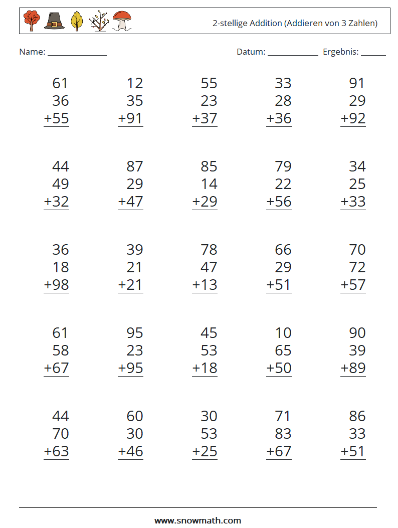 (25) 2-stellige Addition (Addieren von 3 Zahlen) Mathe-Arbeitsblätter 10