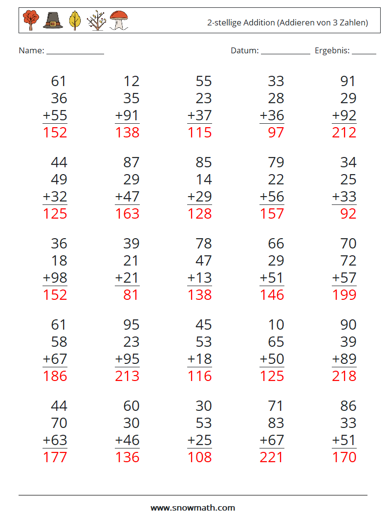 (25) 2-stellige Addition (Addieren von 3 Zahlen) Mathe-Arbeitsblätter 10 Frage, Antwort
