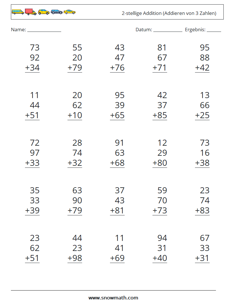 (25) 2-stellige Addition (Addieren von 3 Zahlen) Mathe-Arbeitsblätter 11