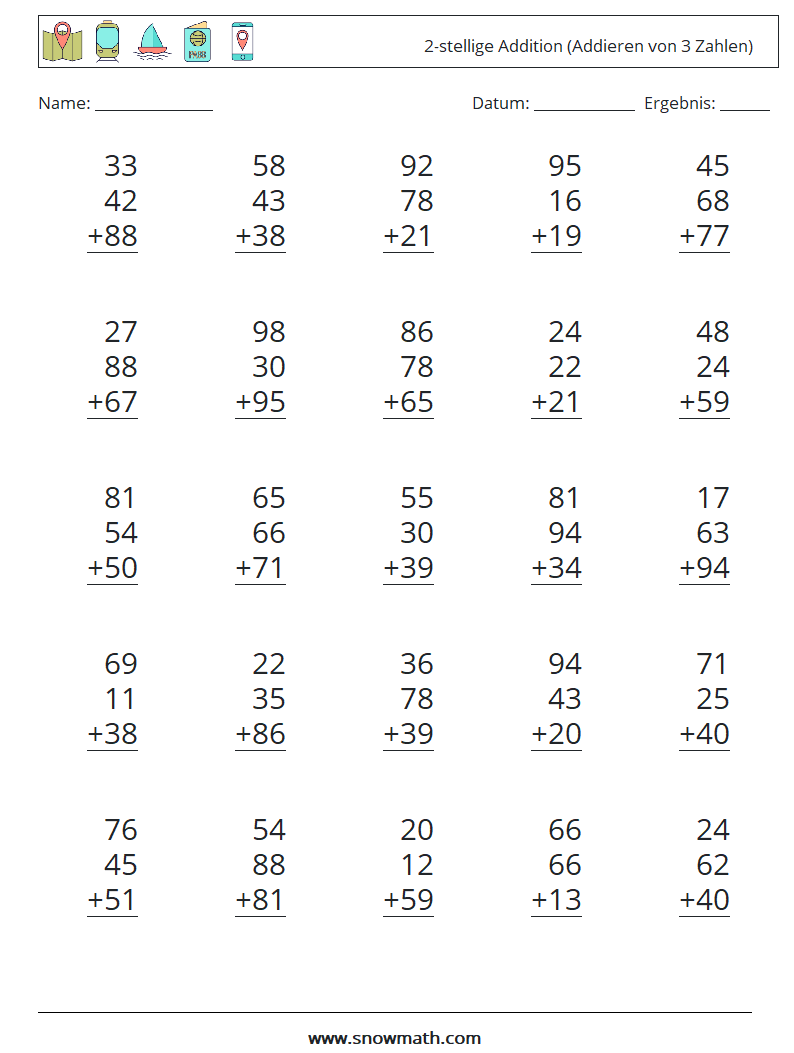 (25) 2-stellige Addition (Addieren von 3 Zahlen) Mathe-Arbeitsblätter 12