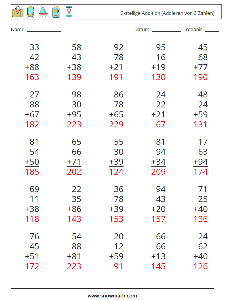 (25) 2-stellige Addition (Addieren von 3 Zahlen) Mathe-Arbeitsblätter 12 Frage, Antwort