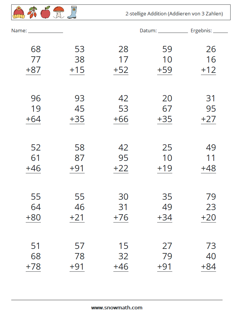 (25) 2-stellige Addition (Addieren von 3 Zahlen) Mathe-Arbeitsblätter 13