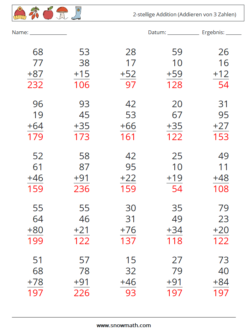 (25) 2-stellige Addition (Addieren von 3 Zahlen) Mathe-Arbeitsblätter 13 Frage, Antwort