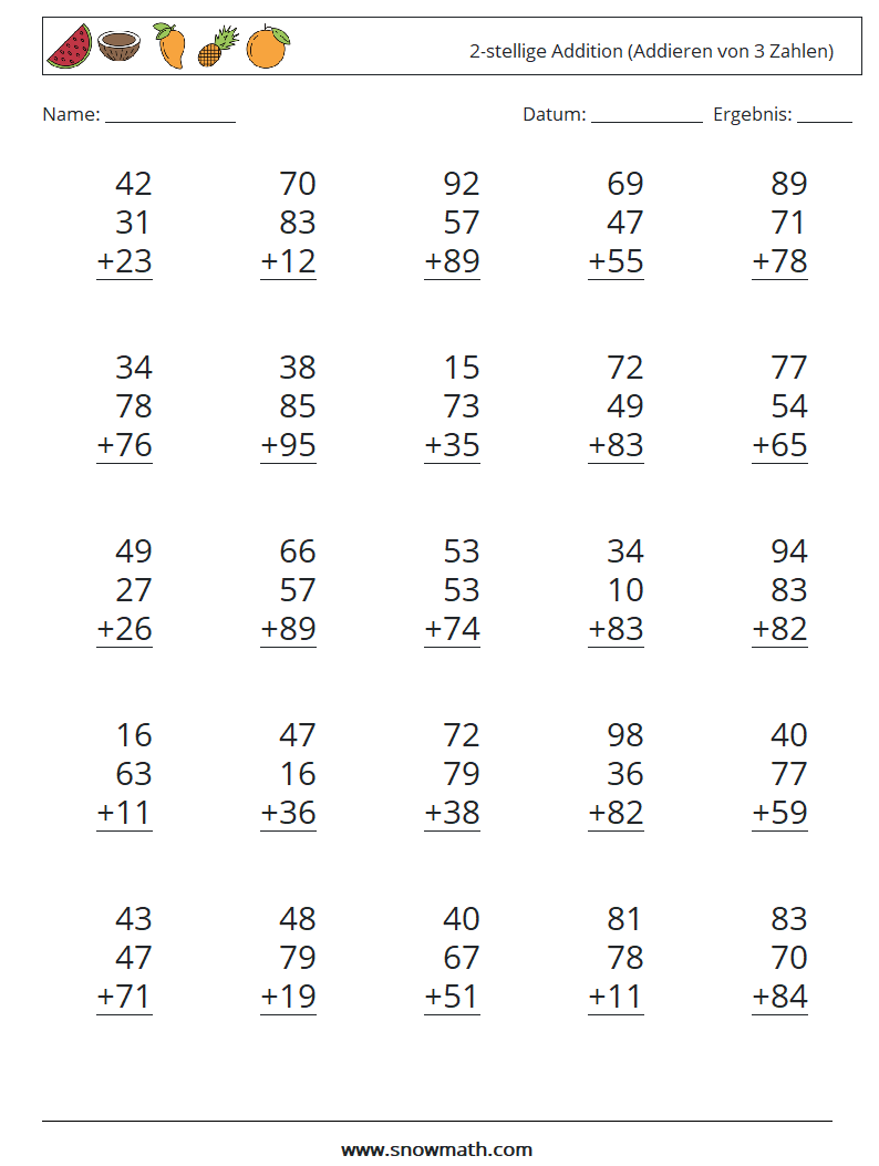 (25) 2-stellige Addition (Addieren von 3 Zahlen) Mathe-Arbeitsblätter 14