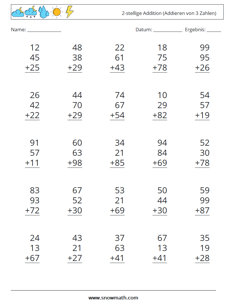 (25) 2-stellige Addition (Addieren von 3 Zahlen) Mathe-Arbeitsblätter 15