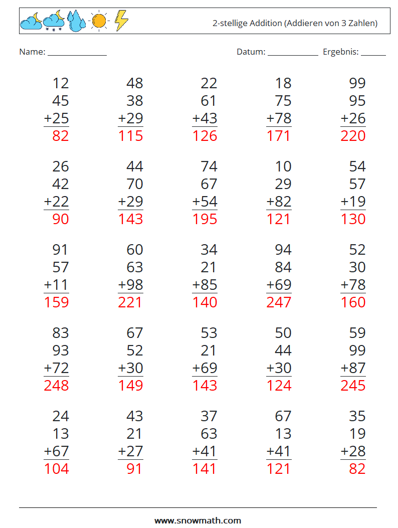 (25) 2-stellige Addition (Addieren von 3 Zahlen) Mathe-Arbeitsblätter 15 Frage, Antwort