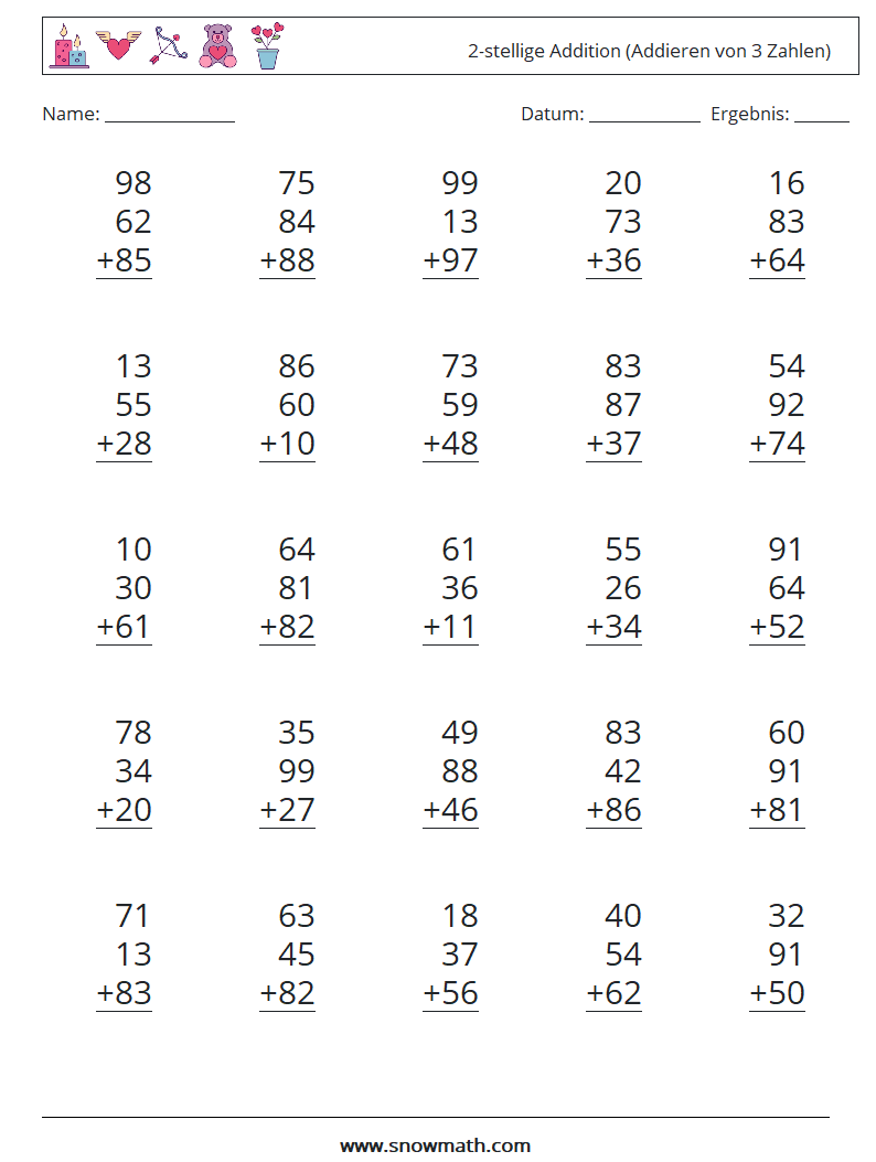 (25) 2-stellige Addition (Addieren von 3 Zahlen) Mathe-Arbeitsblätter 16