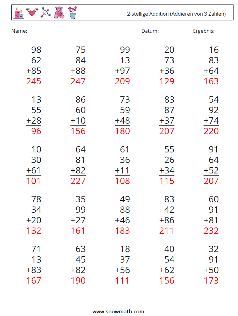 (25) 2-stellige Addition (Addieren von 3 Zahlen) Mathe-Arbeitsblätter 16 Frage, Antwort