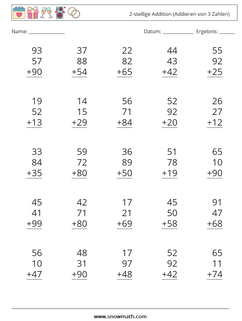 (25) 2-stellige Addition (Addieren von 3 Zahlen) Mathe-Arbeitsblätter 17