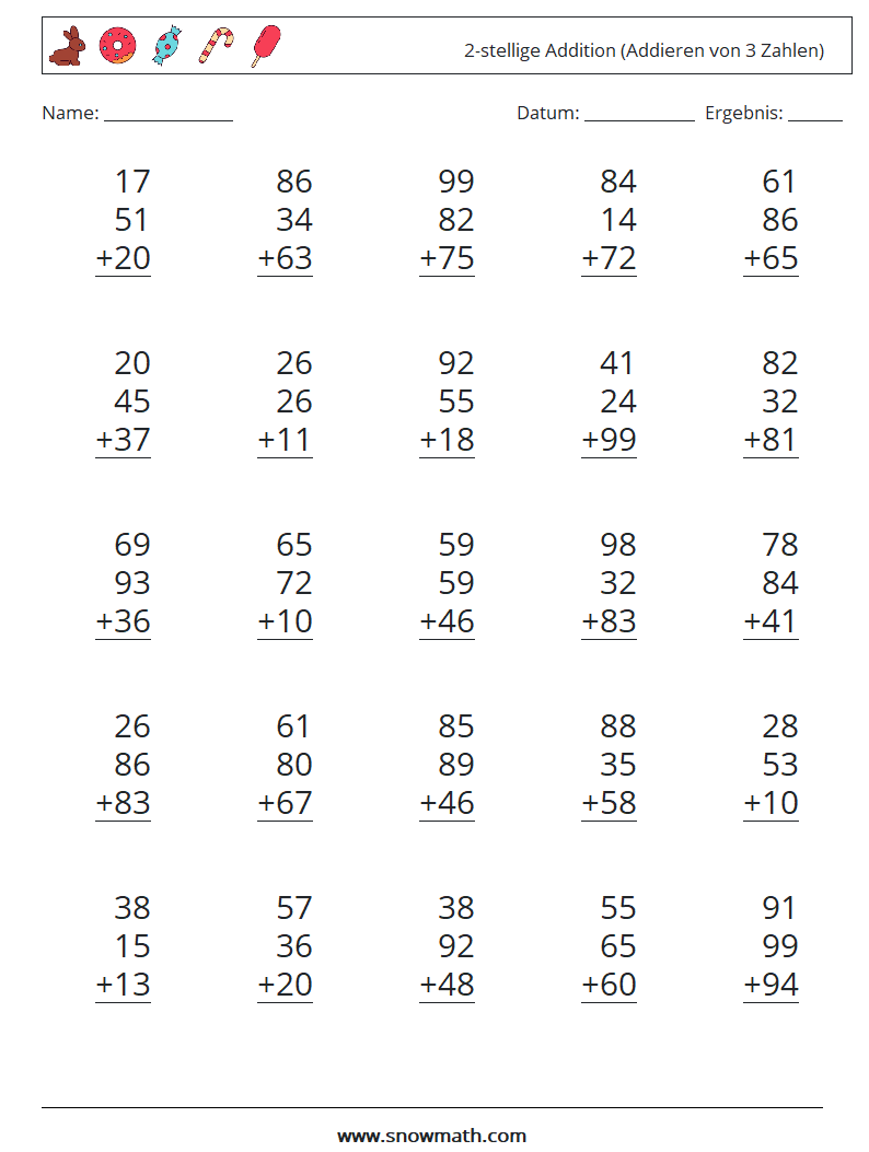(25) 2-stellige Addition (Addieren von 3 Zahlen) Mathe-Arbeitsblätter 18