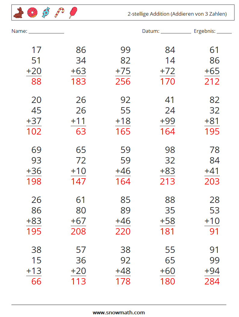 (25) 2-stellige Addition (Addieren von 3 Zahlen) Mathe-Arbeitsblätter 18 Frage, Antwort