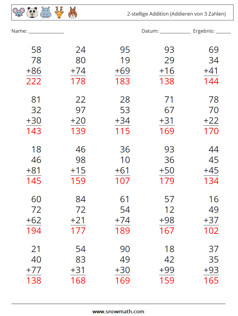 (25) 2-stellige Addition (Addieren von 3 Zahlen) Mathe-Arbeitsblätter 1 Frage, Antwort