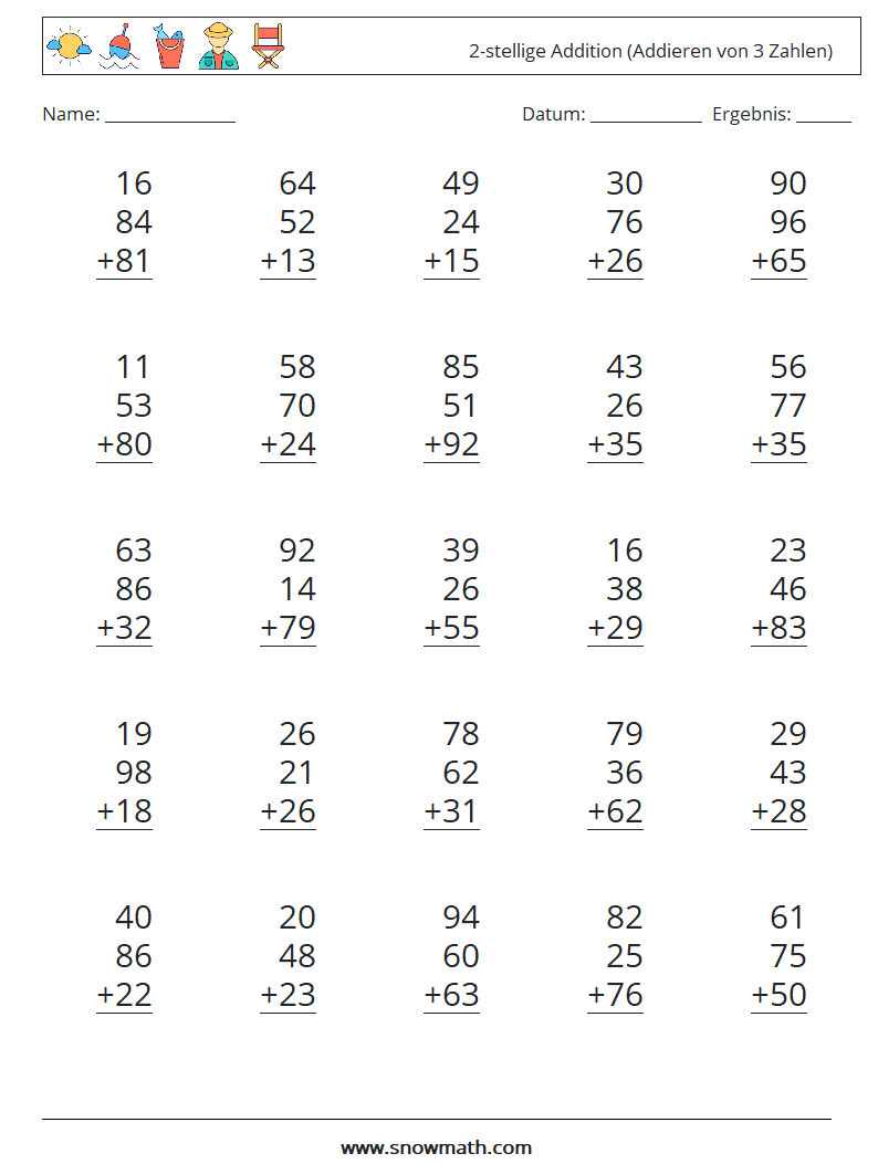 (25) 2-stellige Addition (Addieren von 3 Zahlen) Mathe-Arbeitsblätter 2