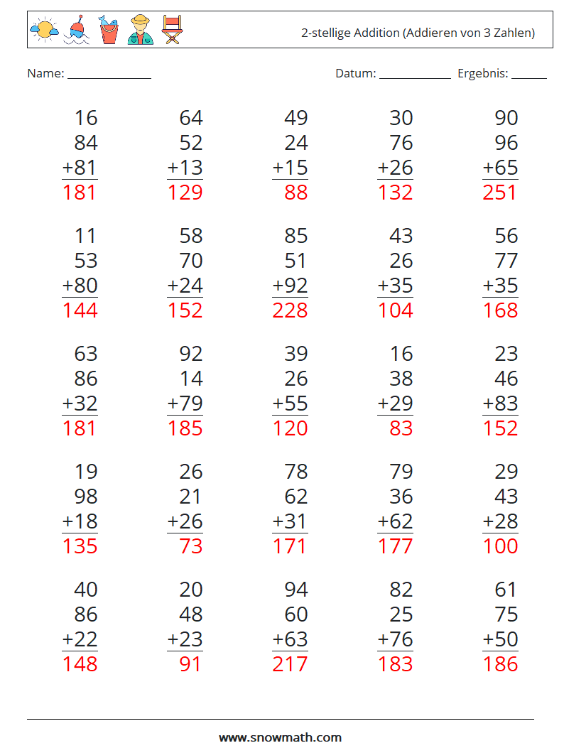 (25) 2-stellige Addition (Addieren von 3 Zahlen) Mathe-Arbeitsblätter 2 Frage, Antwort