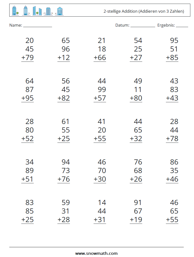 (25) 2-stellige Addition (Addieren von 3 Zahlen) Mathe-Arbeitsblätter 3