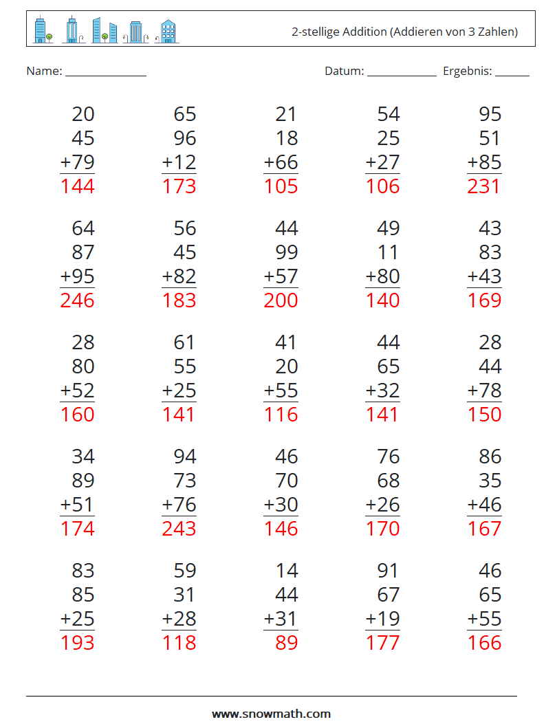 (25) 2-stellige Addition (Addieren von 3 Zahlen) Mathe-Arbeitsblätter 3 Frage, Antwort
