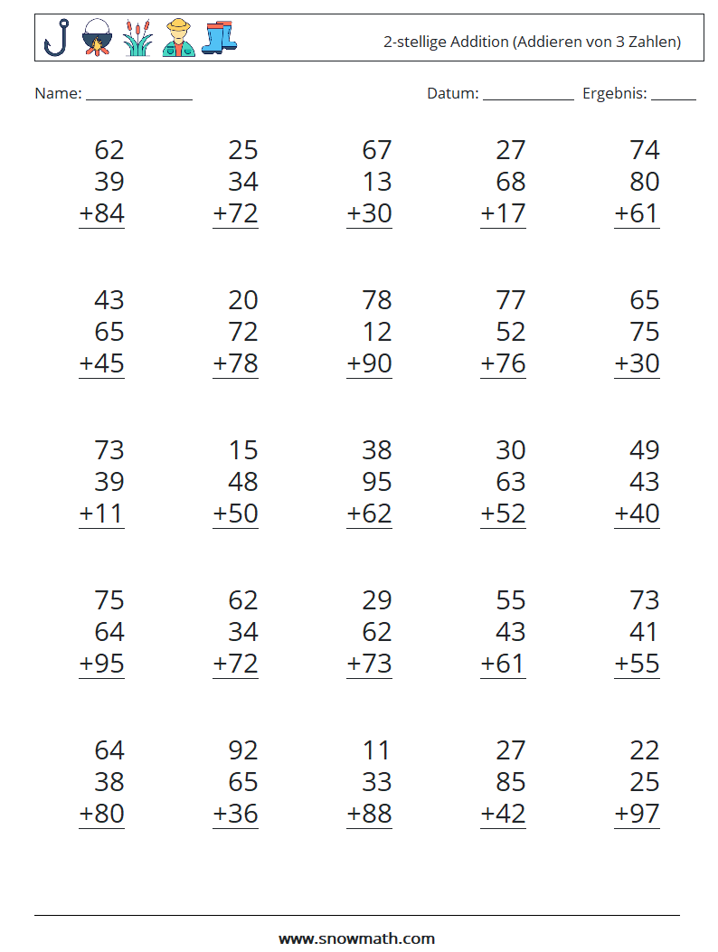 (25) 2-stellige Addition (Addieren von 3 Zahlen) Mathe-Arbeitsblätter 4