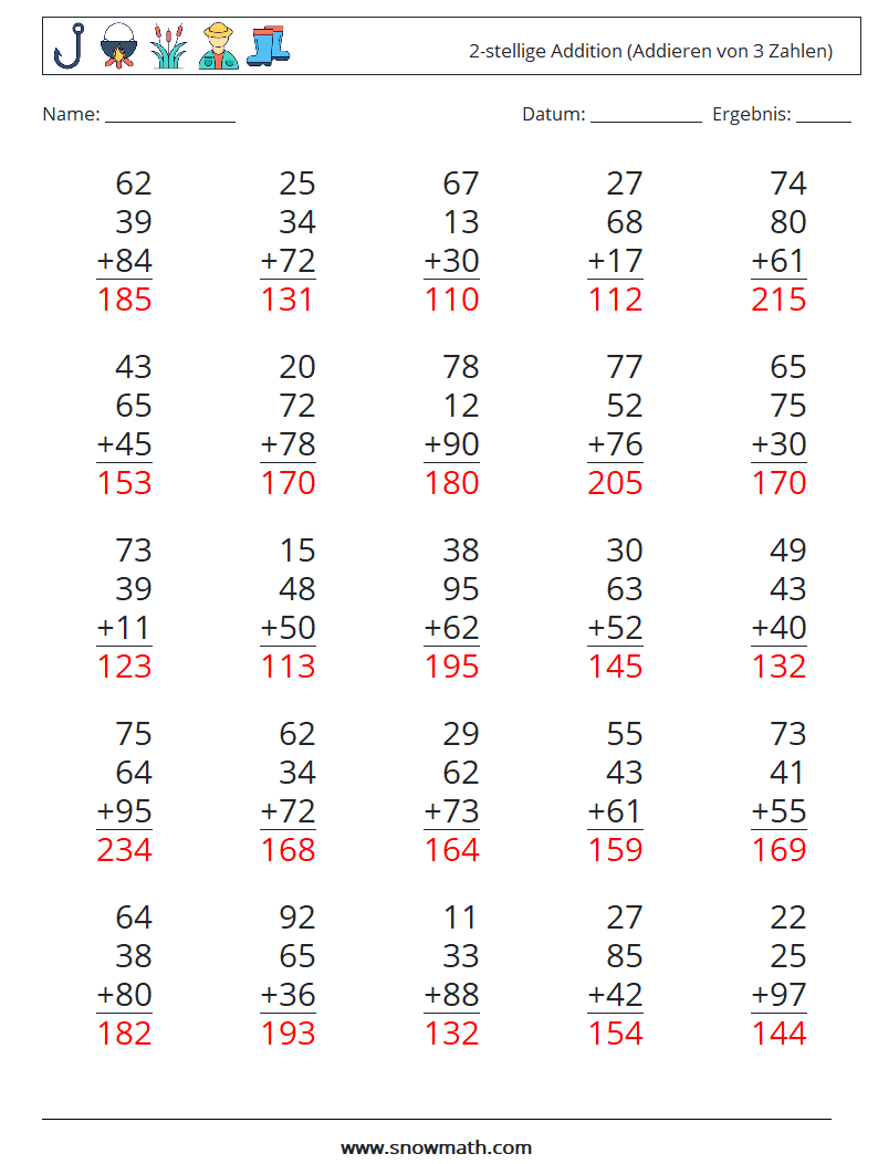 (25) 2-stellige Addition (Addieren von 3 Zahlen) Mathe-Arbeitsblätter 4 Frage, Antwort