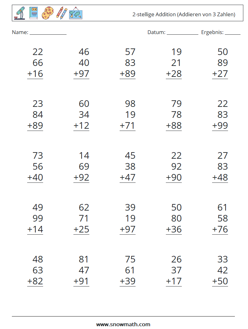 (25) 2-stellige Addition (Addieren von 3 Zahlen) Mathe-Arbeitsblätter 5