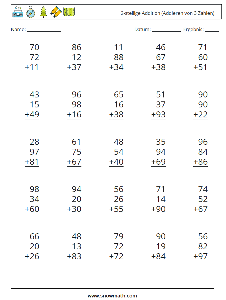 (25) 2-stellige Addition (Addieren von 3 Zahlen) Mathe-Arbeitsblätter 6