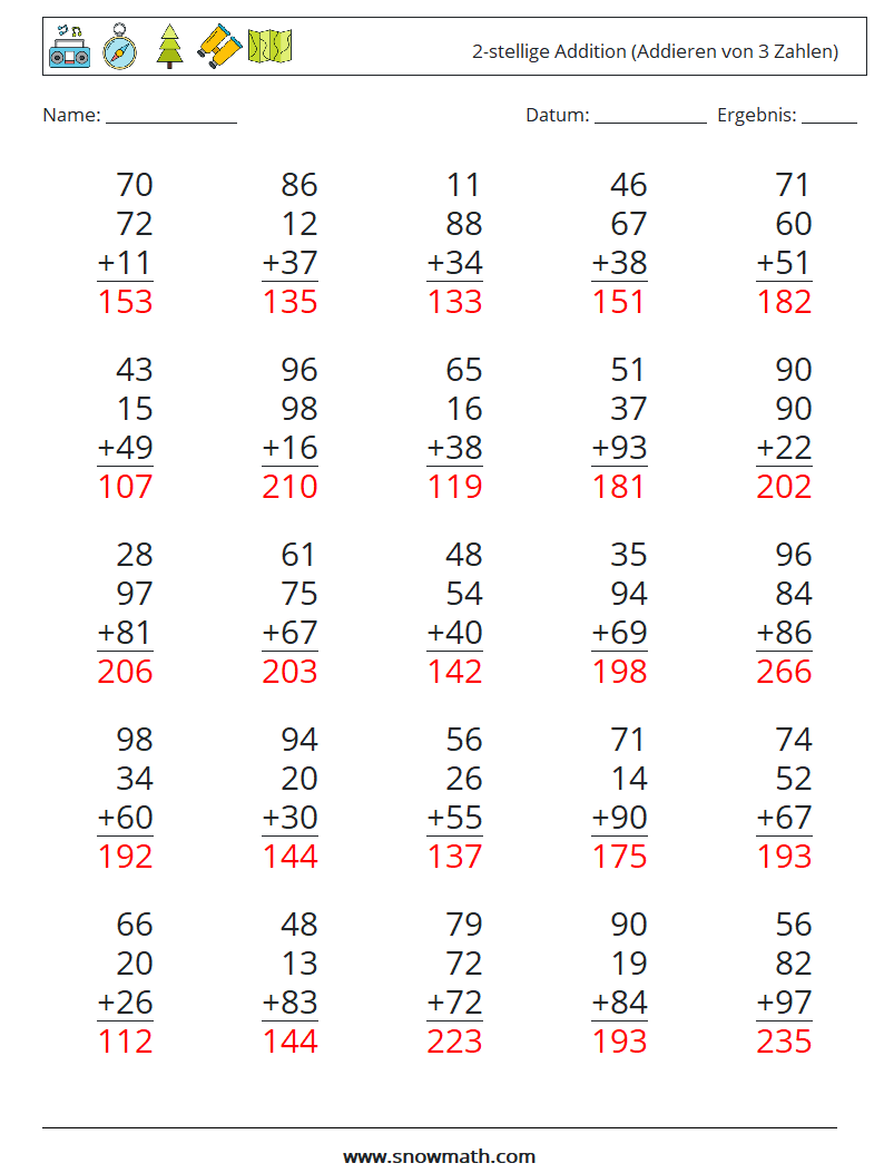 (25) 2-stellige Addition (Addieren von 3 Zahlen) Mathe-Arbeitsblätter 6 Frage, Antwort
