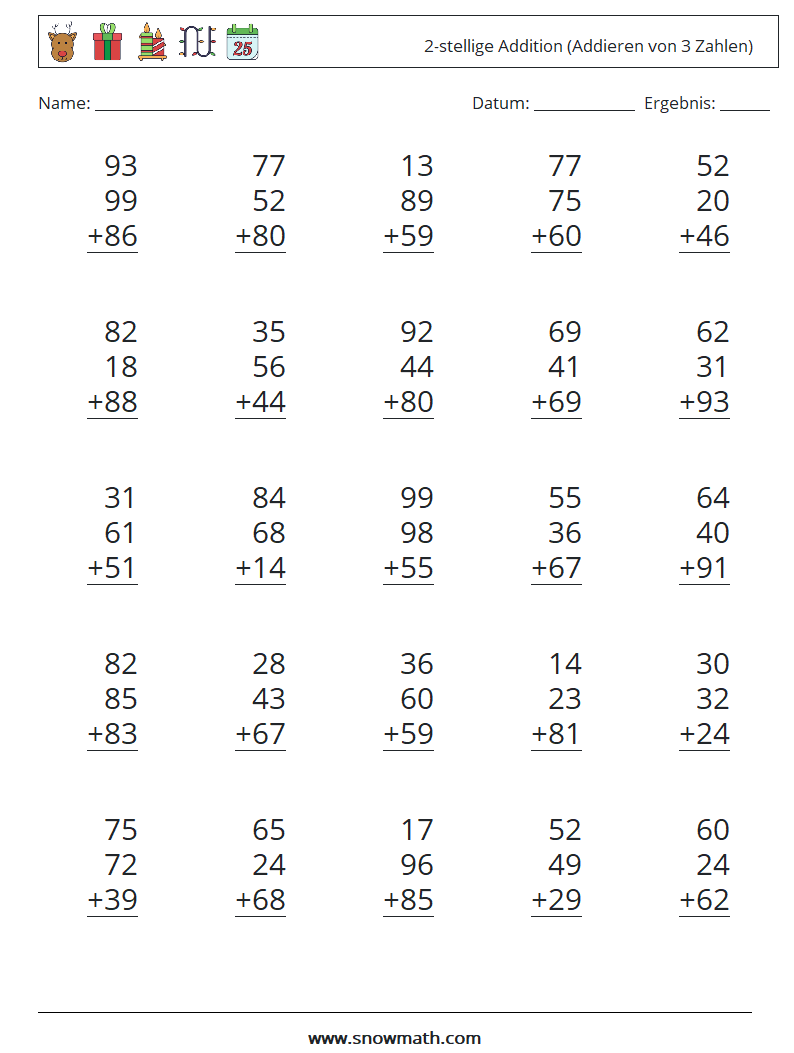 (25) 2-stellige Addition (Addieren von 3 Zahlen) Mathe-Arbeitsblätter 7