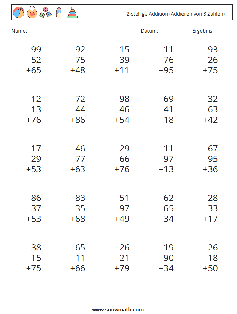 (25) 2-stellige Addition (Addieren von 3 Zahlen) Mathe-Arbeitsblätter 8