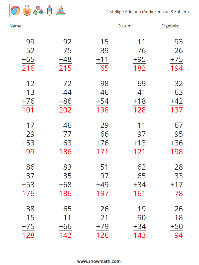 (25) 2-stellige Addition (Addieren von 3 Zahlen) Mathe-Arbeitsblätter 8 Frage, Antwort