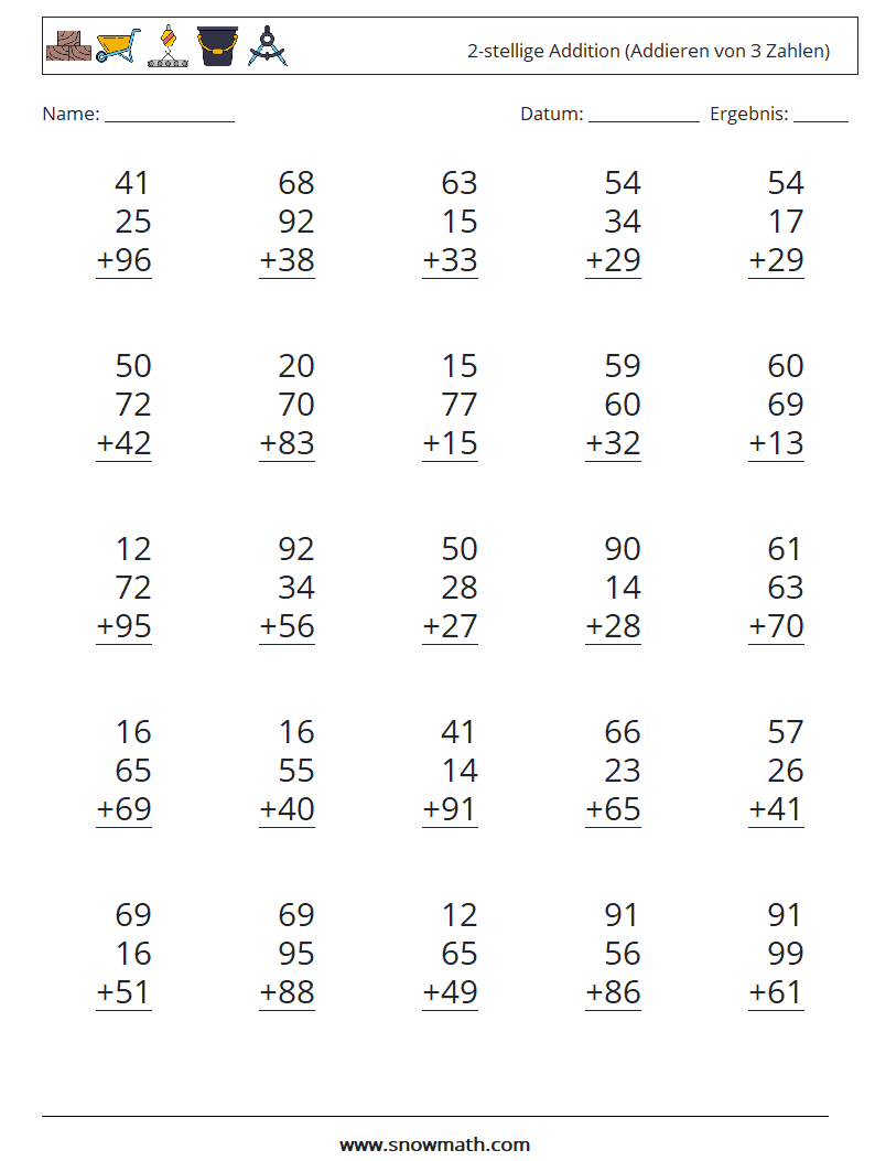 (25) 2-stellige Addition (Addieren von 3 Zahlen) Mathe-Arbeitsblätter 9