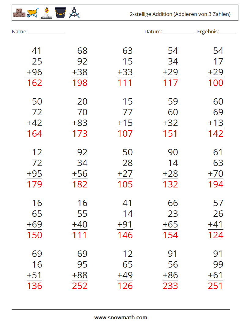 (25) 2-stellige Addition (Addieren von 3 Zahlen) Mathe-Arbeitsblätter 9 Frage, Antwort