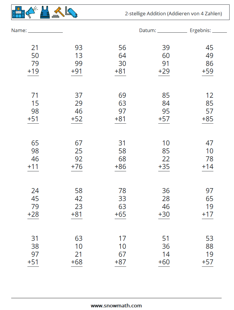 (25) 2-stellige Addition (Addieren von 4 Zahlen)