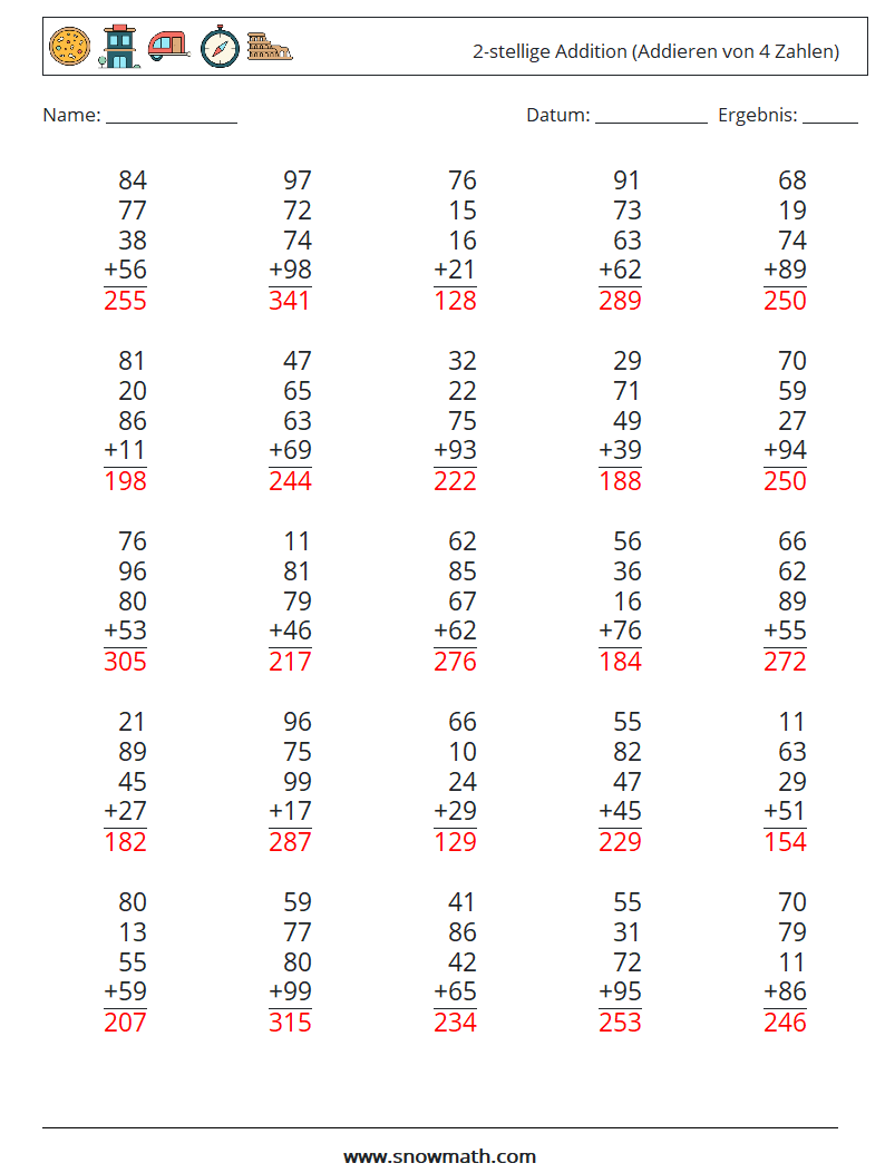 (25) 2-stellige Addition (Addieren von 4 Zahlen) Mathe-Arbeitsblätter 13 Frage, Antwort