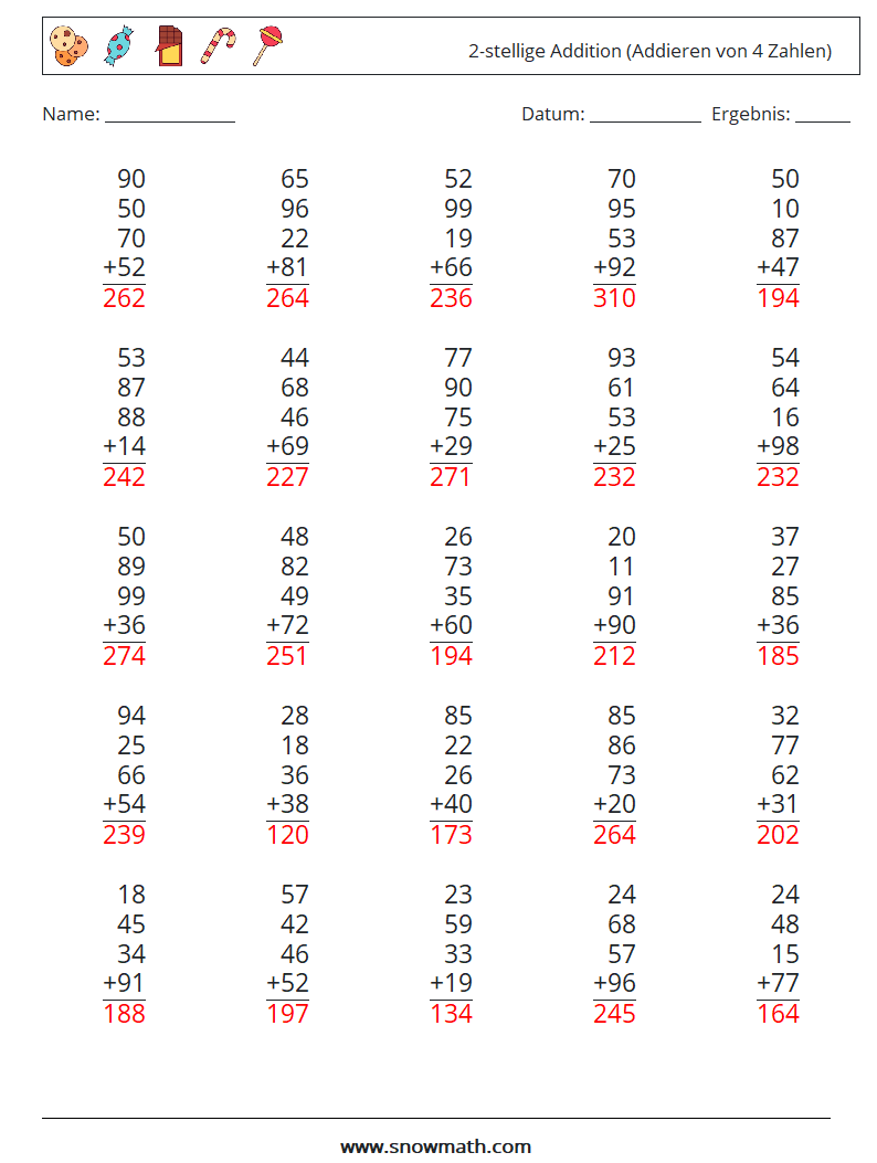 (25) 2-stellige Addition (Addieren von 4 Zahlen) Mathe-Arbeitsblätter 18 Frage, Antwort